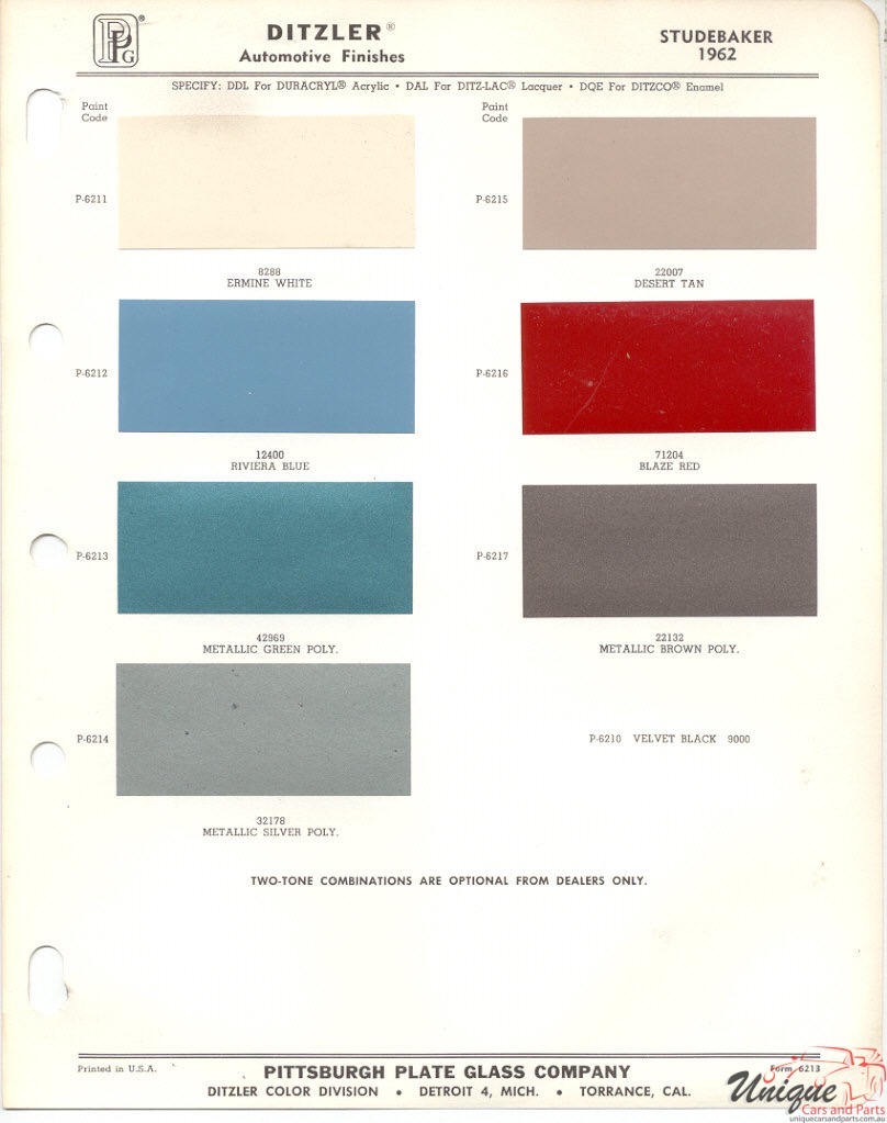 1962 Studebaker Paint Charts PPG 1